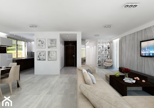 Salon - cz.3 - Duży biały salon z jadalnią z bibiloteczką, styl nowoczesny - zdjęcie od Art&Design Kinga Śliwa