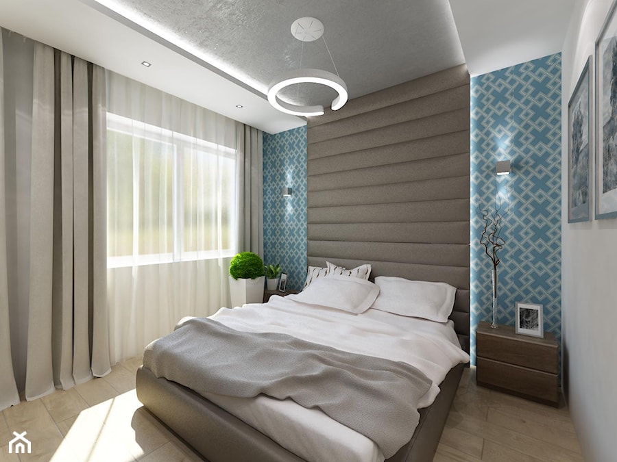 podzielona sypialnia - Mała niebieska szara sypialnia - zdjęcie od Art&Design Kinga Śliwa