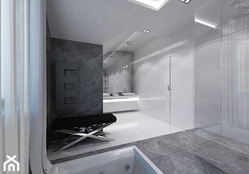 Domowe SPA - Duża z lustrem z dwoma umywalkami z marmurową podłogą z punktowym oświetleniem łazienka z oknem - zdjęcie od Art&Design Kinga Śliwa
