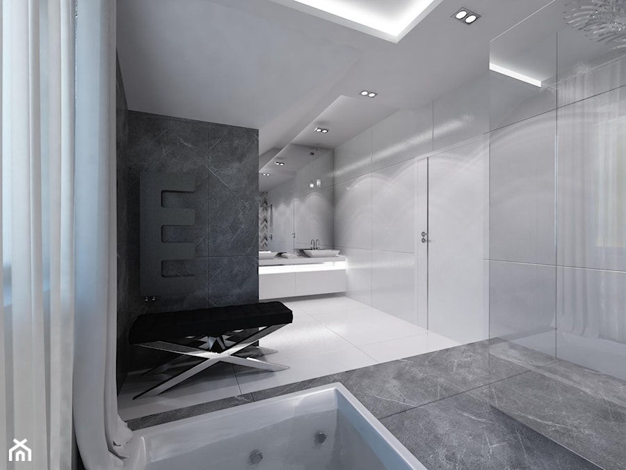 Domowe SPA - Duża z lustrem z dwoma umywalkami z marmurową podłogą z punktowym oświetleniem łazienka z oknem - zdjęcie od Art&Design Kinga Śliwa