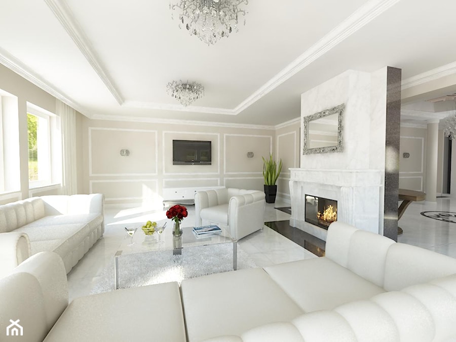 cz.1 "Chłodna rezydencja" - Duży beżowy biały salon - zdjęcie od Art&Design Kinga Śliwa