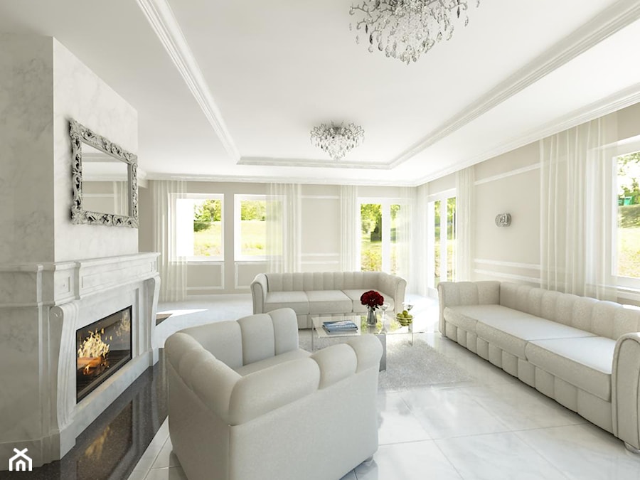 cz.1 "Chłodna rezydencja" - Duży beżowy biały salon z tarasem / balkonem - zdjęcie od Art&Design Kinga Śliwa