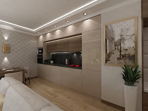 tapety w nowoczesnym apartamentowcu - Mały szary salon z kuchnią z jadalnią - zdjęcie od Art&Design Kinga Śliwa