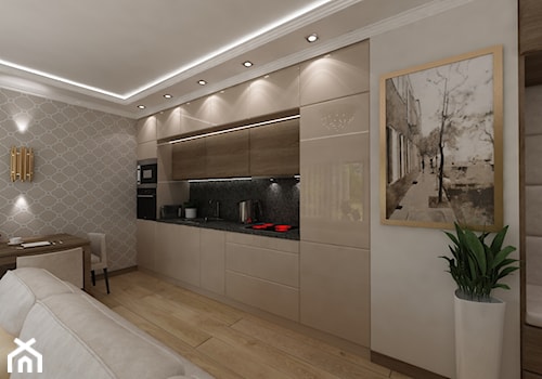 tapety w nowoczesnym apartamentowcu - Mały szary salon z kuchnią z jadalnią - zdjęcie od Art&Design Kinga Śliwa