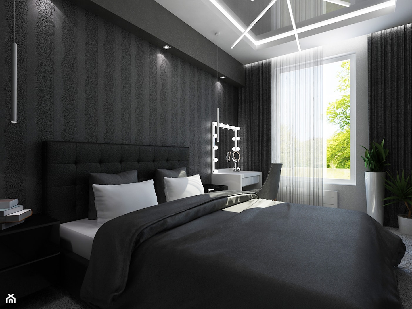 Oświetlenie w sypialni - Mała czarna szara sypialnia - zdjęcie od Art&Design Kinga Śliwa - Homebook