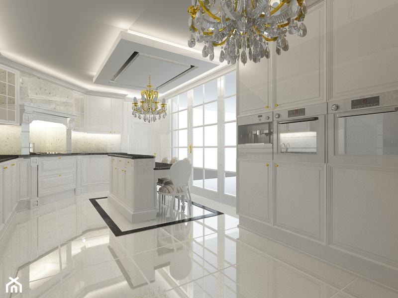Dom 250 m2 - Duża zamknięta z kamiennym blatem biała z zabudowaną lodówką kuchnia w kształcie litery u z wyspą lub półwyspem, styl tradycyjny - zdjęcie od Fusion Design