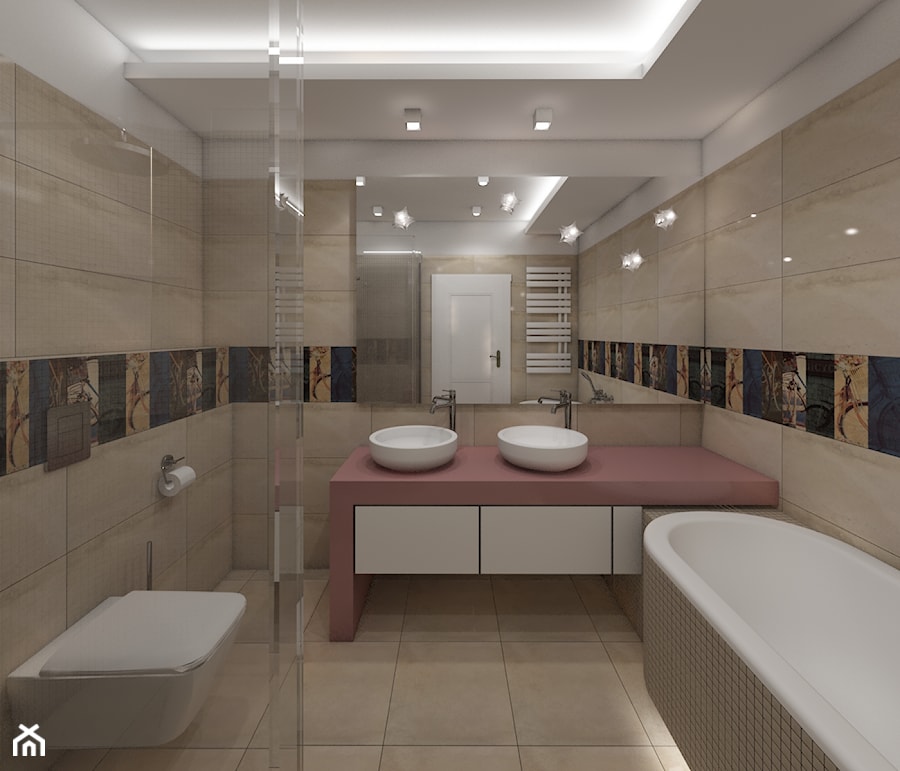 Prowansalski Józefosław - Średnia bez okna z lustrem z dwoma umywalkami z punktowym oświetleniem łazienka, styl prowansalski - zdjęcie od Fusion Design
