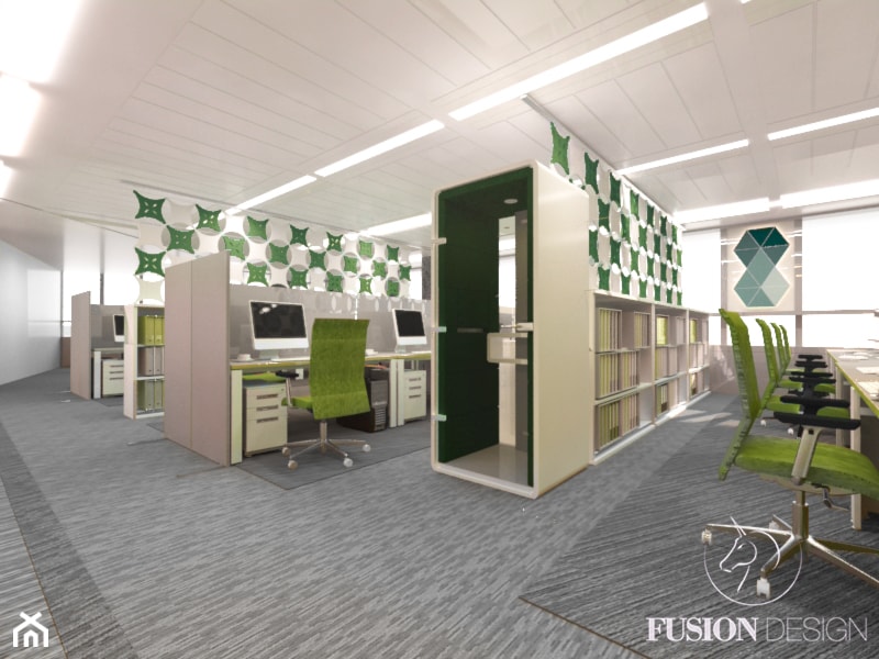 Projekt pomieszczeń biurowych dla ASB Group - Duże z zabudowanym biurkiem szare biuro, styl nowoczesny - zdjęcie od Fusion Design