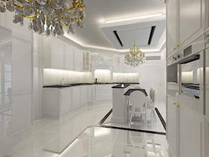 Dom 250 m2 - Duża otwarta z kamiennym blatem biała z zabudowaną lodówką z podblatowym zlewozmywakiem kuchnia w kształcie litery u z wyspą lub półwyspem, styl tradycyjny - zdjęcie od Fusion Design