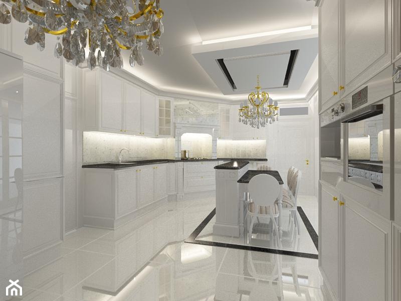 Dom 250 m2 - Duża otwarta z kamiennym blatem biała z zabudowaną lodówką z podblatowym zlewozmywakiem kuchnia w kształcie litery u z wyspą lub półwyspem, styl tradycyjny - zdjęcie od Fusion Design