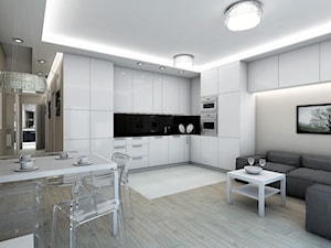 Mieszkanie na Milenijnej - Duża otwarta z salonem biała z zabudowaną lodówką kuchnia w kształcie litery l - zdjęcie od Fusion Design