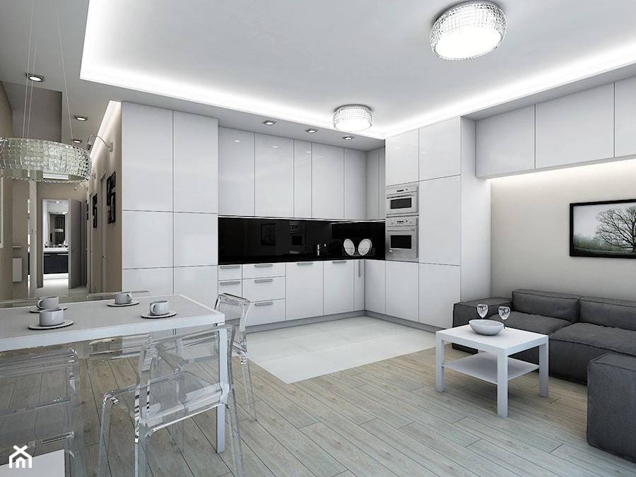 Mieszkanie na Milenijnej - Duża otwarta z salonem biała z zabudowaną lodówką kuchnia w kształcie litery l - zdjęcie od Fusion Design