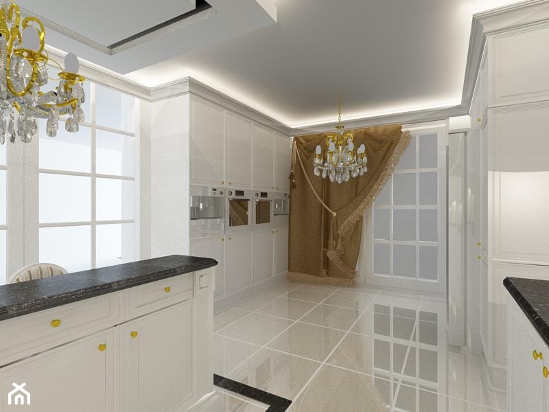 Dom 250 m2 - Duża otwarta z kamiennym blatem biała z zabudowaną lodówką kuchnia w kształcie litery u, styl tradycyjny - zdjęcie od Fusion Design