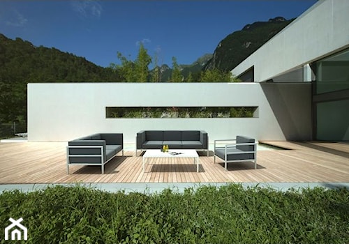 Meble ogrodowe - Średni z meblami ogrodowymi taras z tyłu domu, styl minimalistyczny - zdjęcie od Hugle