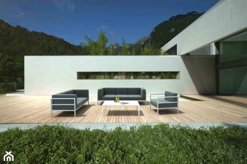 Meble ogrodowe - Średni z meblami ogrodowymi taras z tyłu domu, styl minimalistyczny - zdjęcie od Hugle