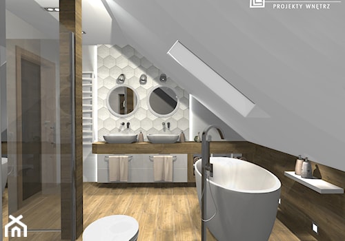 dom w Kluczborku 2 - Średnia na poddaszu z lustrem z dwoma umywalkami łazienka z oknem, styl nowoczesny - zdjęcie od msergiej-wnętrza
