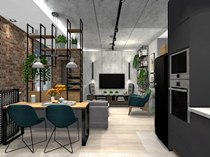 mieszkanie we Wrocławiu - Średni szary salon z kuchnią z jadalnią z bibiloteczką, styl industrialny - zdjęcie od msergiej-wnętrza