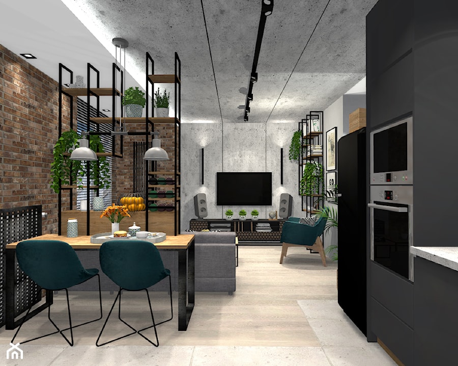 mieszkanie we Wrocławiu - Średni szary salon z kuchnią z jadalnią z bibiloteczką, styl industrialny - zdjęcie od msergiej-wnętrza
