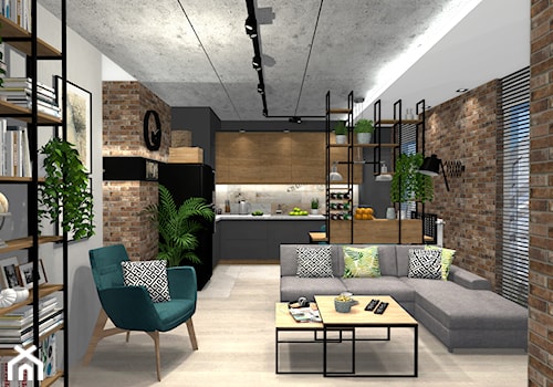 mieszkanie we Wrocławiu - Średni brązowy szary salon z kuchnią, styl industrialny - zdjęcie od msergiej-wnętrza