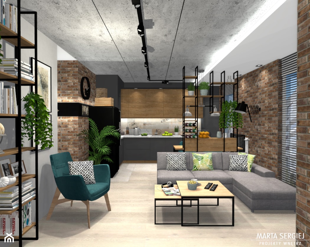 mieszkanie we Wrocławiu - Średni brązowy szary salon z kuchnią, styl industrialny - zdjęcie od msergiej-wnętrza - Homebook