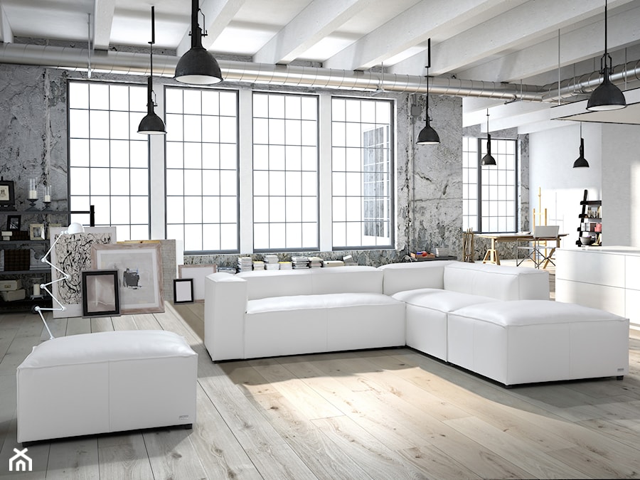 Narożniki - Duży biały szary salon z kuchnią z jadalnią, styl industrialny - zdjęcie od CAYA DESIGN