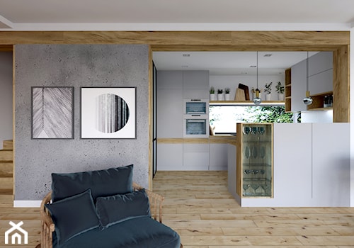 Dom w Bielsku-Białej II - Średnia otwarta biała z zabudowaną lodówką kuchnia w kształcie litery g z wyspą lub półwyspem z oknem, styl nowoczesny - zdjęcie od Architekt Wnętrz Patrycja Wojtaś