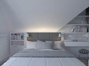 Dom w Czechowicach Dziedzicach - Mała biała szara sypialnia na poddaszu, styl skandynawski - zdjęcie od Architekt Wnętrz Patrycja Wojtaś