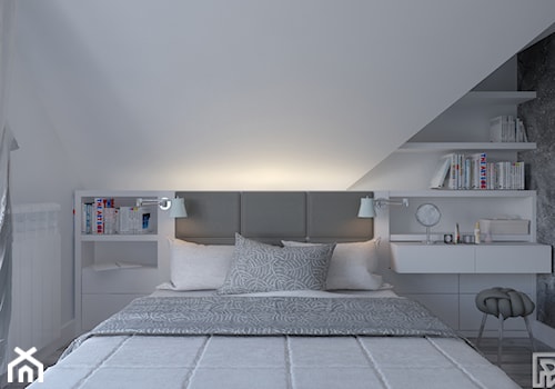 Dom w Czechowicach Dziedzicach - Mała biała szara sypialnia na poddaszu, styl skandynawski - zdjęcie od Architekt Wnętrz Patrycja Wojtaś