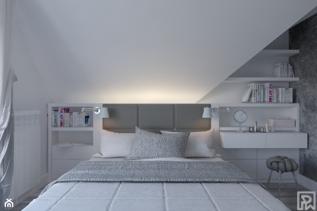 Dom w Czechowicach Dziedzicach - Mała biała szara sypialnia na poddaszu, styl skandynawski - zdjęcie od Architekt Wnętrz Patrycja Wojtaś - Homebook