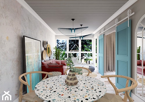 Apartament hotelowy "Summer Vibes" - Średni szary salon z jadalnią z tarasem / balkonem, styl rustykalny - zdjęcie od Architekt Wnętrz Patrycja Wojtaś