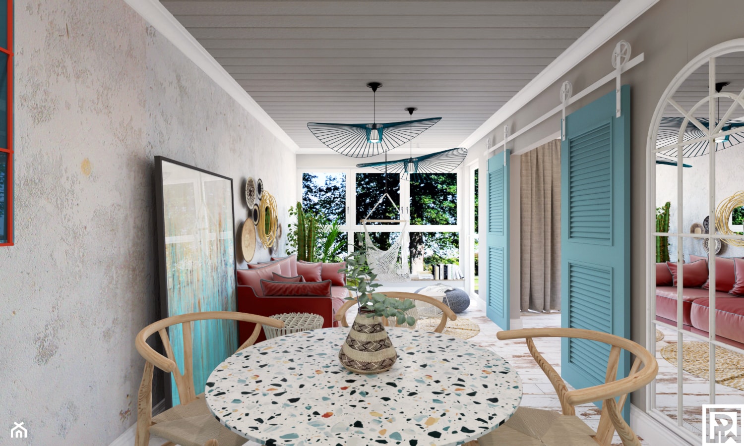 Apartament hotelowy "Summer Vibes" - Średni szary salon z jadalnią z tarasem / balkonem, styl rustykalny - zdjęcie od Architekt Wnętrz Patrycja Wojtaś - Homebook