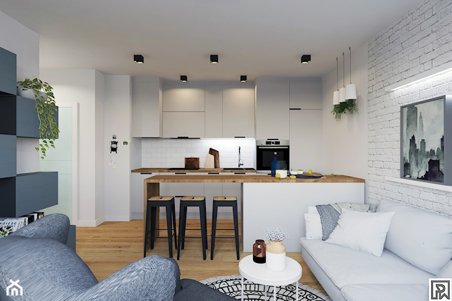 House flipping - inwestowanie w mieszkania - Średnia z salonem biała z zabudowaną lodówką z podblatowym zlewozmywakiem kuchnia dwurzędowa z wyspą lub półwyspem - zdjęcie od Architekt Wnętrz Patrycja Wojtaś