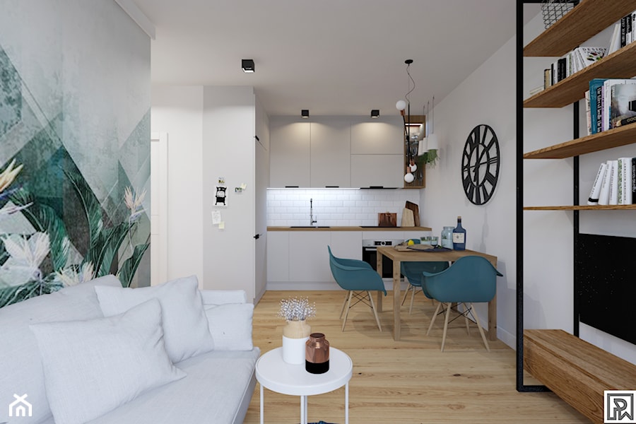 House flipping - inwestowanie w mieszkania - Mały biały szary salon z kuchnią z jadalnią z bibiloteczką - zdjęcie od Architekt Wnętrz Patrycja Wojtaś