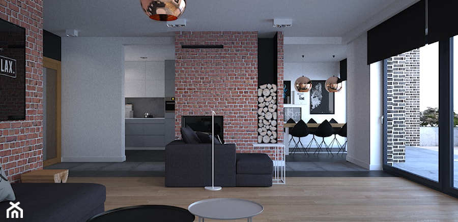 widok z salonu na kominek, kuchnię oraz jadalnię - zdjęcie od mootif_studio