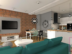 Mieszkanie dwupoziomowe - Katowice - Duży brązowy szary salon z kuchnią z jadalnią, styl skandynawski - zdjęcie od Cube