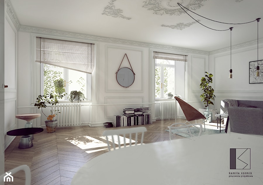 Mieszkanie w kamienicy, Katowice - Mały biały salon z jadalnią, styl nowoczesny - zdjęcie od Pracownia Projektowa Kamila Szemik