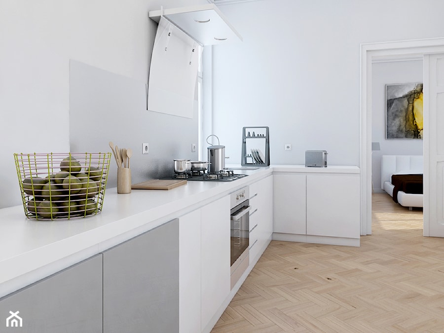 apartament Dąbrwskiego - Średnia otwarta z salonem biała szara z zabudowaną lodówką kuchnia w kształcie litery l, styl minimalistyczny - zdjęcie od BIEN STUDIO
