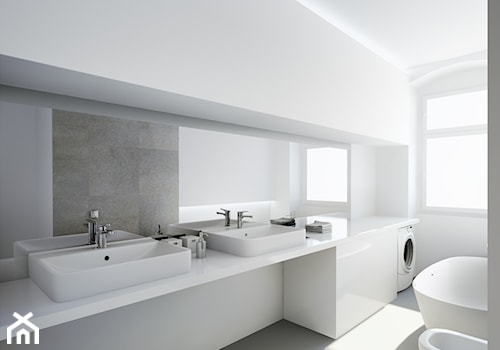 apartament Dąbrwskiego - Duża z pralką / suszarką z dwoma umywalkami łazienka z oknem, styl minimalistyczny - zdjęcie od BIEN STUDIO