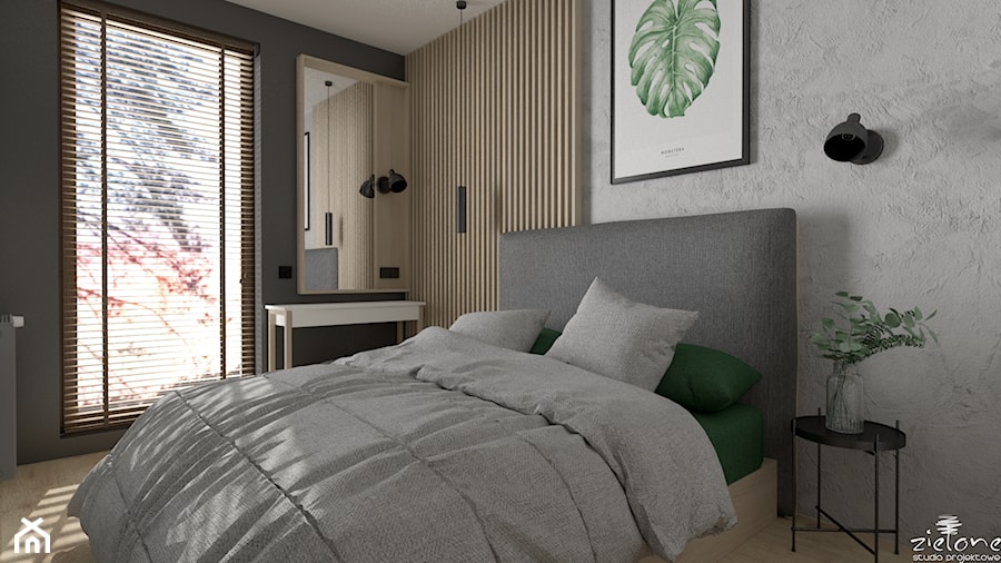 Mieszkanie z betonem i kolorem - Średnia beżowa szara sypialnia, styl nowoczesny - zdjęcie od ZIELONE studio projektowe