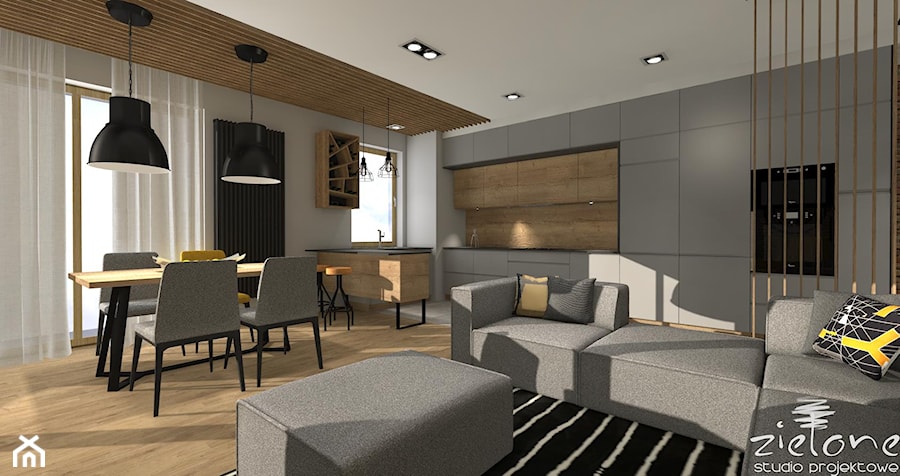 Nowoczesne mieszkanie z elemntami industrialnymi - Średni salon z kuchnią z jadalnią, styl industrialny - zdjęcie od ZIELONE studio projektowe