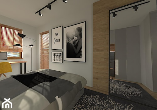 Nowoczesne mieszkanie z elemntami industrialnymi - Średnia szara z biurkiem sypialnia z balkonem / tarasem, styl nowoczesny - zdjęcie od ZIELONE studio projektowe