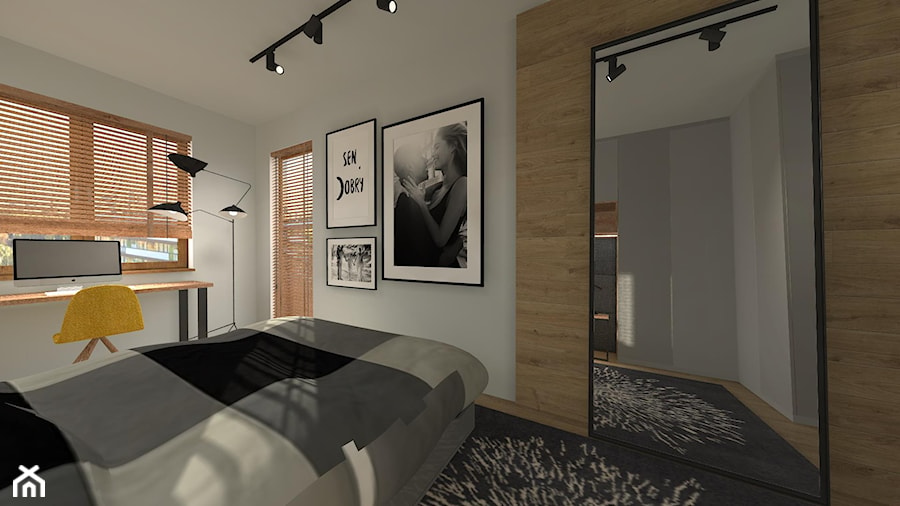 Nowoczesne mieszkanie z elemntami industrialnymi - Średnia szara z biurkiem sypialnia z balkonem / tarasem, styl nowoczesny - zdjęcie od ZIELONE studio projektowe