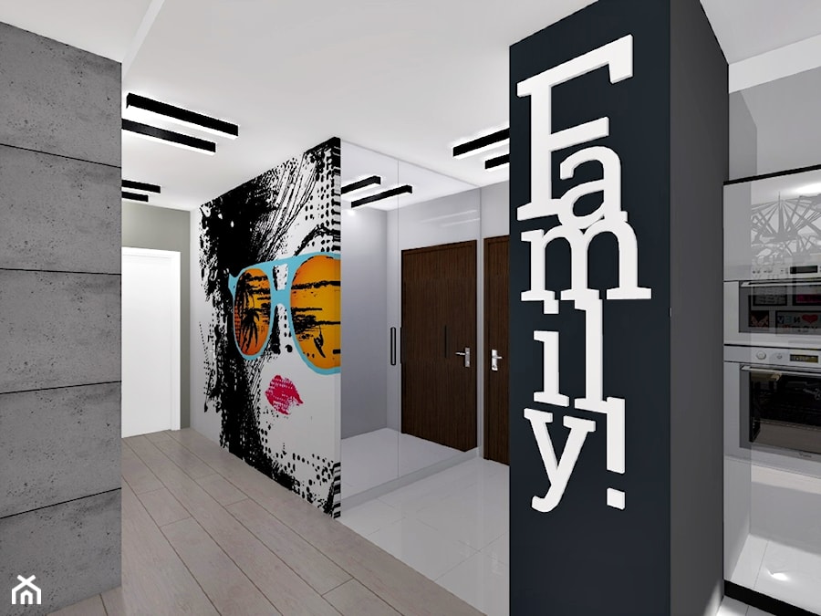 Mieszkanie w bieli i szarościach - 70m2 - projekt - Średni biały czarny szary hol / przedpokój, styl nowoczesny - zdjęcie od ZIELONE studio projektowe