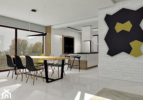 Dom jednorodzinny - projekt salonu, kuchni i łazienek - Duża szara jadalnia w kuchni, styl nowoczesny - zdjęcie od ZIELONE studio projektowe