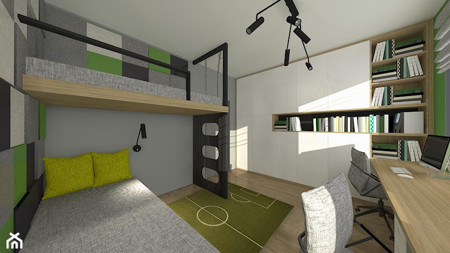 Nowoczesne mieszkanie z elemntami industrialnymi - Średni szary zielony pokój dziecka dla nastolatka dla chłopca dla dziewczynki dla rodzeństwa, styl nowoczesny - zdjęcie od ZIELONE studio projektowe