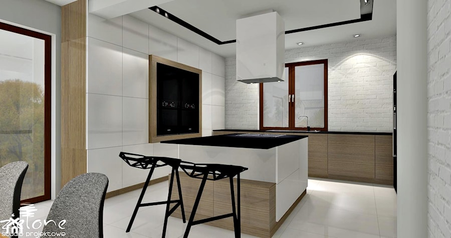 Dom jednorodzinny - projekt salonu, kuchni i łazienek - Duża otwarta kuchnia w kształcie litery l z wyspą lub półwyspem, styl nowoczesny - zdjęcie od ZIELONE studio projektowe