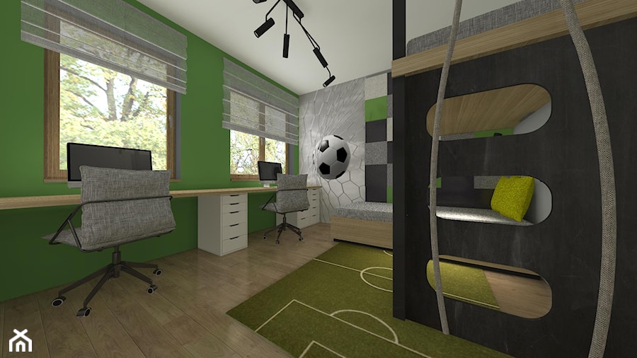 Nowoczesne mieszkanie z elemntami industrialnymi - Duży szary zielony pokój dziecka dla nastolatka dla chłopca dla dziewczynki dla rodzeństwa, styl nowoczesny - zdjęcie od ZIELONE studio projektowe
