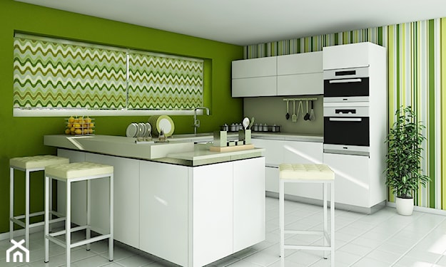 zielone ściany w łazience, białe meble kuchenne, metalowe hokery, białe płytki podłogowe