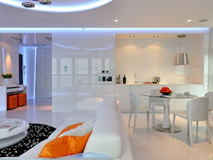 Apartament w Sea Towers - Mała otwarta z salonem biała z zabudowaną lodówką kuchnia jednorzędowa z kompozytem na ścianie nad blatem kuchennym - zdjęcie od Ministerstwo Spraw We Wnętrzach