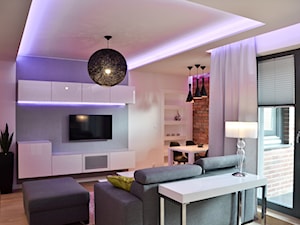 Mieszkanie - Browar Gdański - 50m2 - 2015 - Mały biały szary salon z jadalnią z tarasem / balkonem, styl nowoczesny - zdjęcie od Studio86